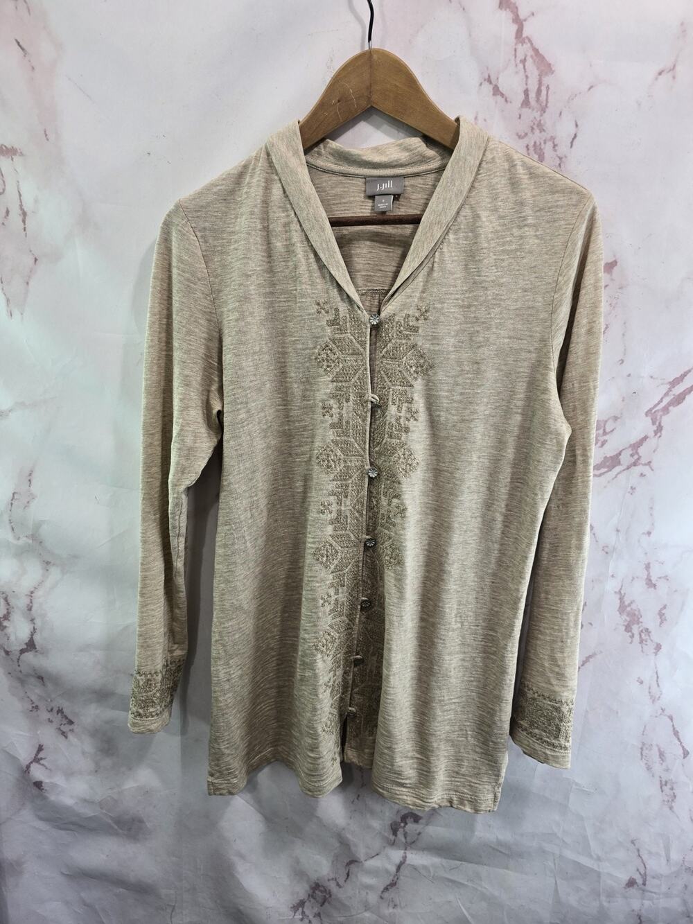 J Jill Shirt Womens Small Brown Beige Long Sleeve Stretch Embroidered Button Tee